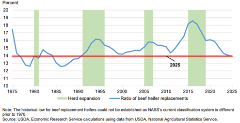 40-Year Historical Trend for U.S. Ratio of Beef Replacement Heifers