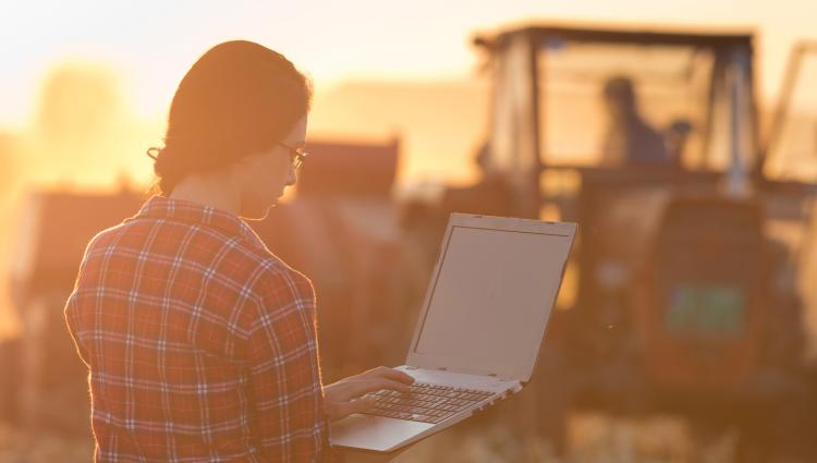 woman farmer on laptop in field