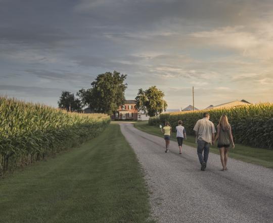 People walking down road to farm house